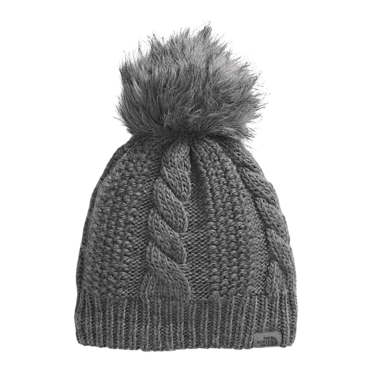 NORTHFACE WOMEN'S OH MEGA FUR POM LINED BEANIE - TNF MEDIUM GREY HEATHER FRONT