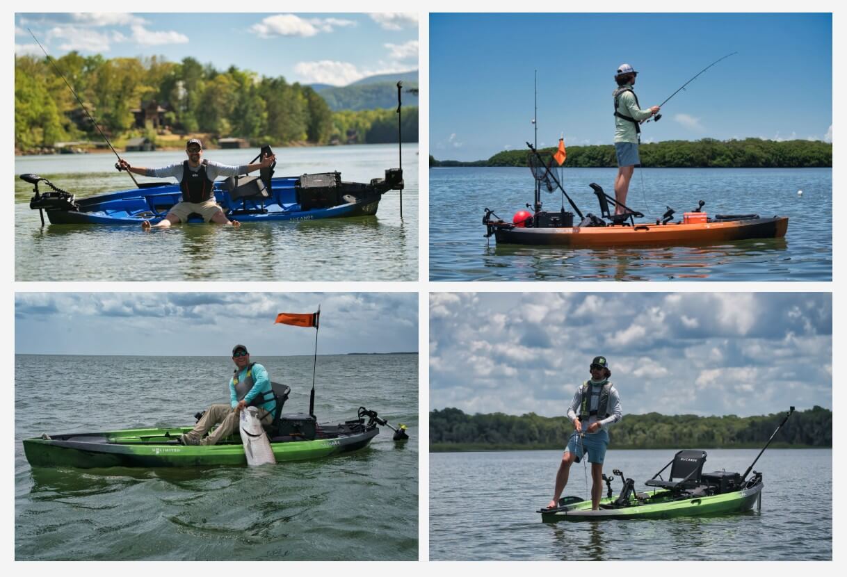 NUCANOE UNLIMITED KAYAK - 12'6" - ARMY CAMO with people using the kayak on the water.
