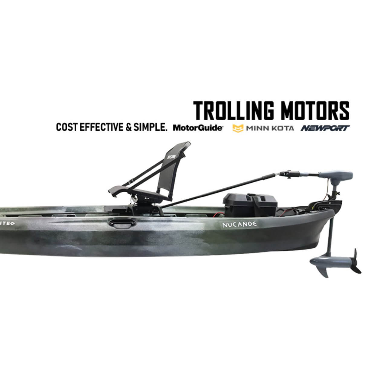 NUCANOE UNLIMITED KAYAK - 12'6" - ARMY CAMO showing rear mount rolling motor option