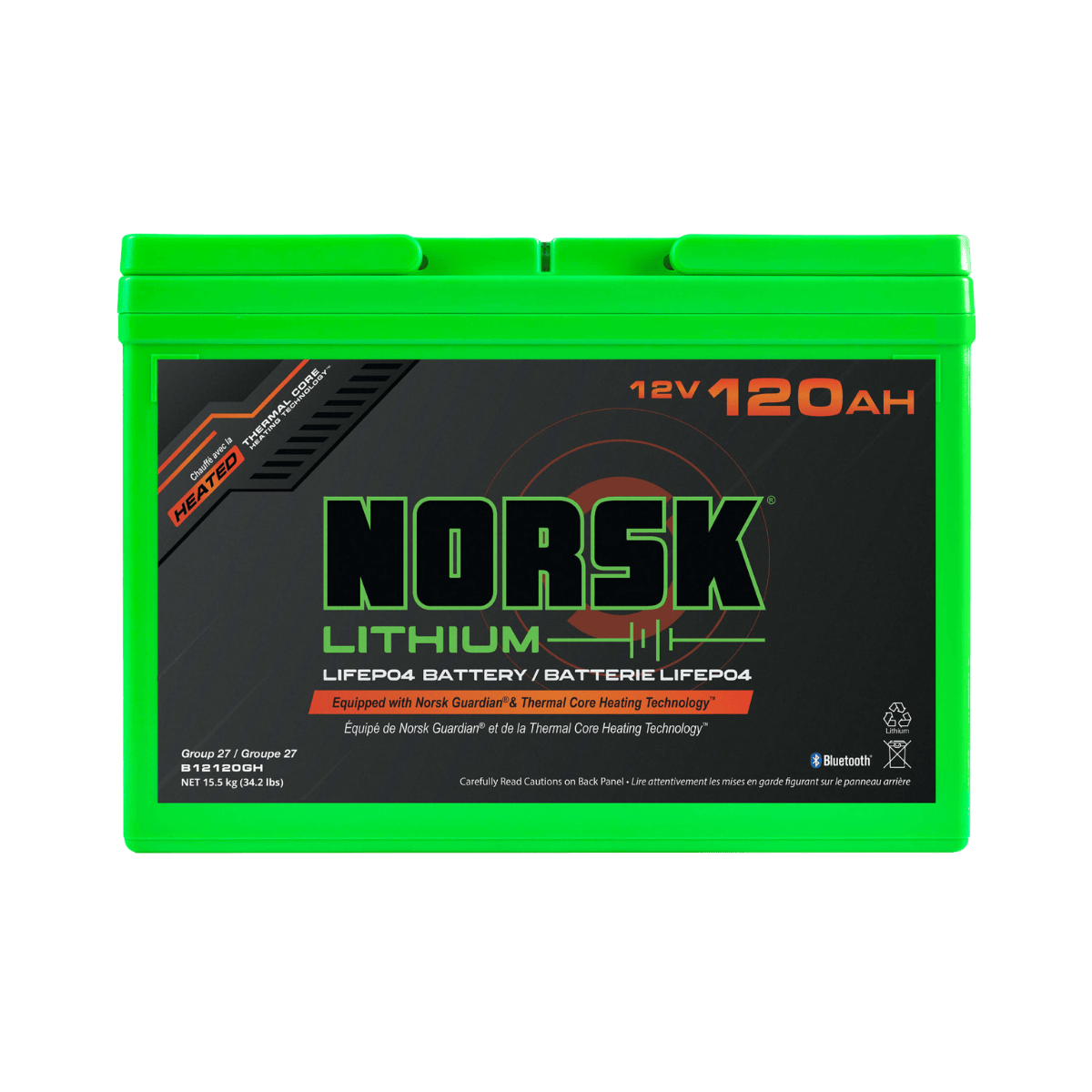 NORSK FISHING 12V 120AH HEATED DEEP CYCLE BATTERY - FRONT VIEW