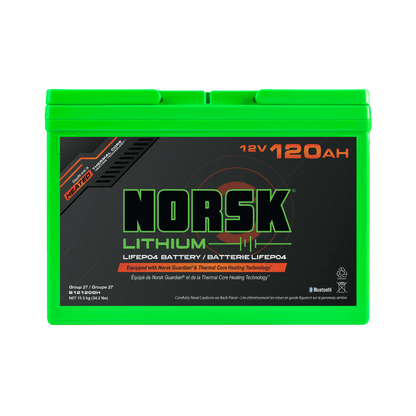 NORSK FISHING 12V 120AH HEATED DEEP CYCLE BATTERY - FRONT VIEW