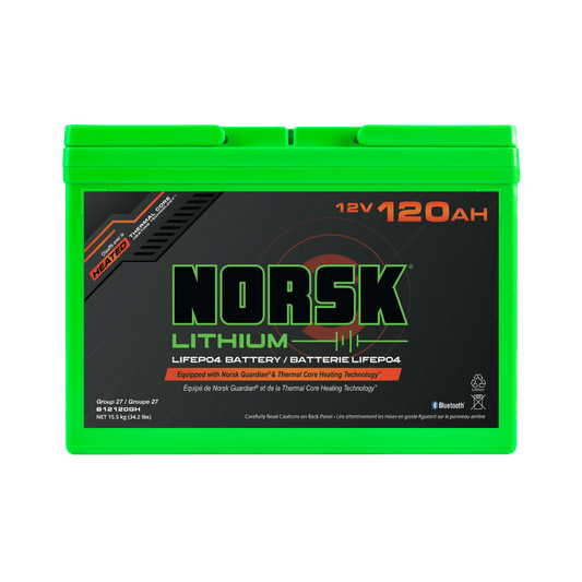 NORSK FISHING 12V 120AH HEATED DEEP CYCLE BATTERY - FRONT VIEW