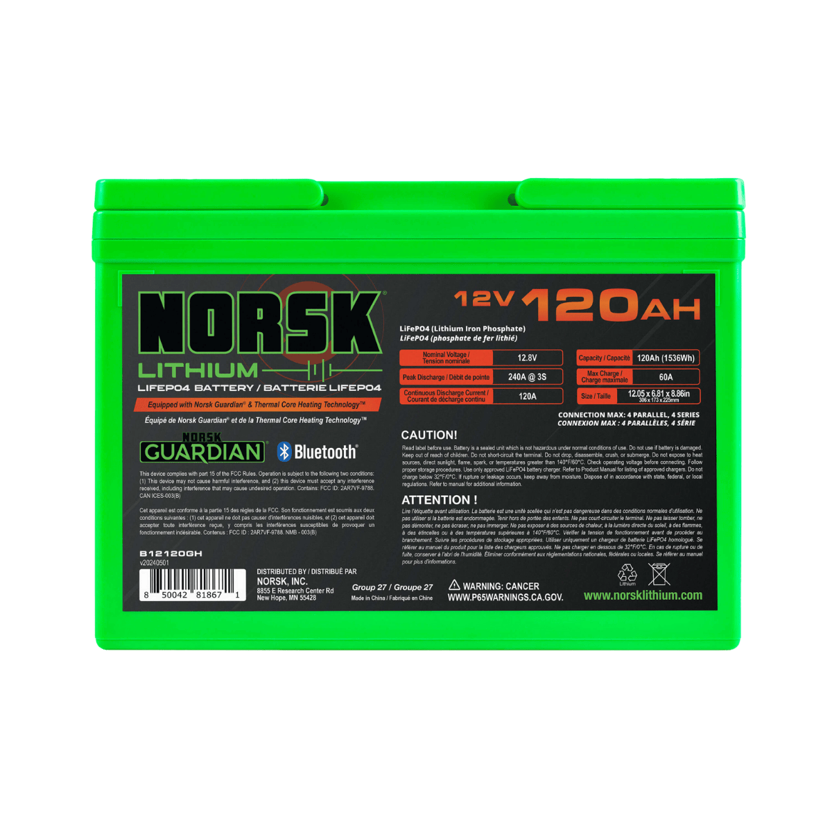 NORSK FISHING 12V 120AH HEATED DEEP CYCLE BATTERY - BACK VIEW