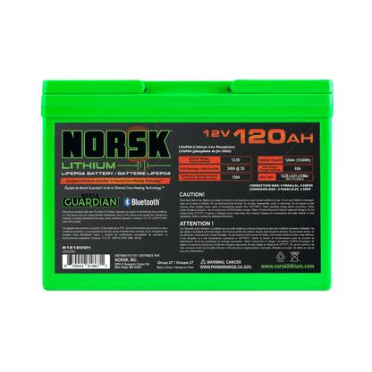 NORSK FISHING 12V 120AH HEATED DEEP CYCLE BATTERY - BACK VIEW