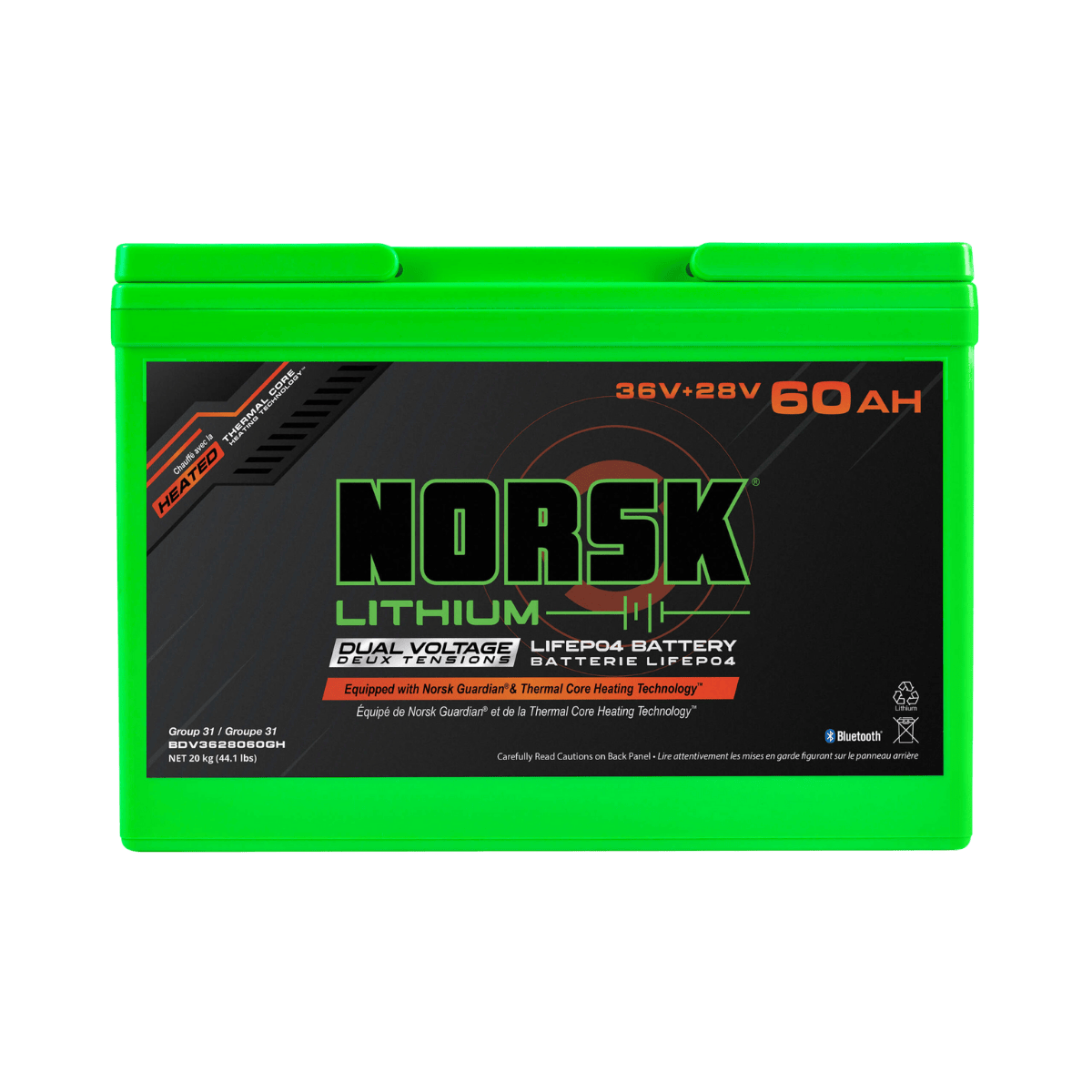 NORSK FISHING 36V+28V 60AH DUAL VOLTAGE BATTERY - FRONT VIEW
