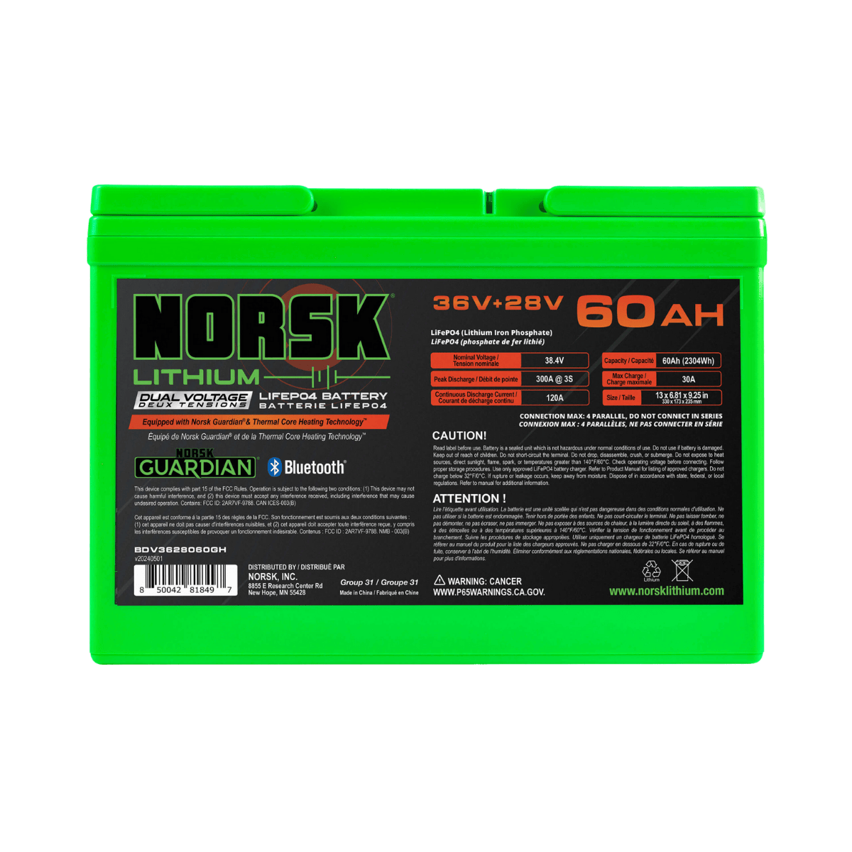 NORSK FISHING 36V+28V 60AH DUAL VOLTAGE BATTERY - BACK VIEW
