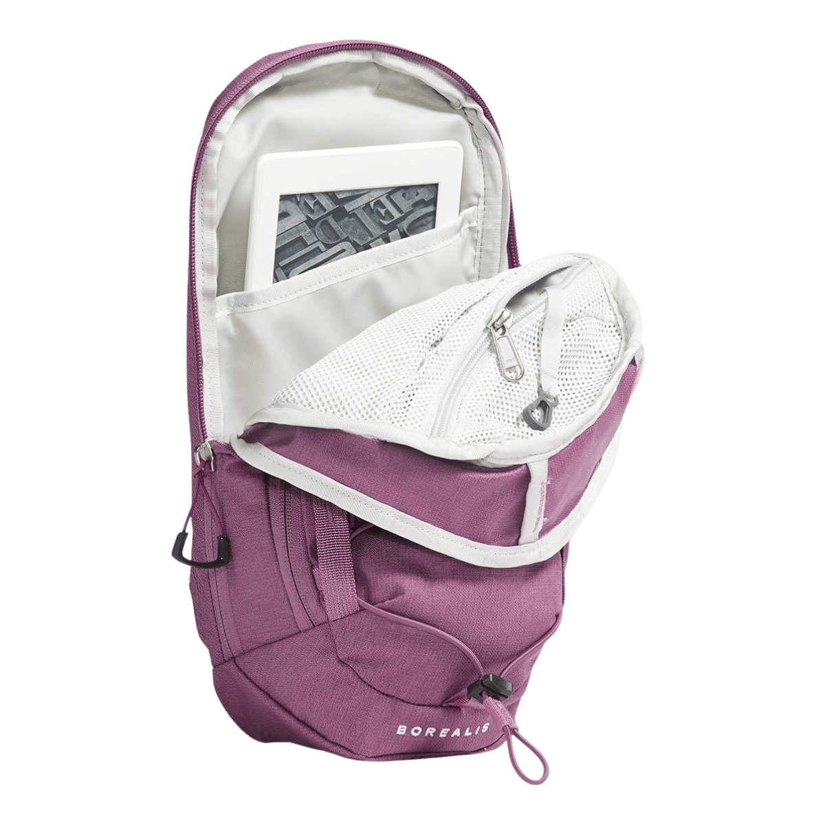 NORTHFACE BOREALIS COMPACT SLING BAG - LT HTHR DSK PRP- FRONT INSIDE VIEW