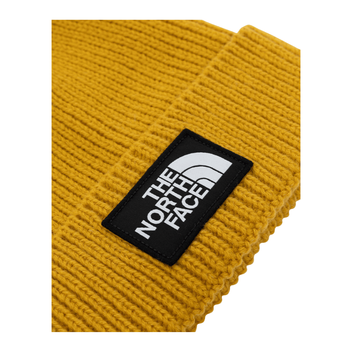 NORTH FACE TNF LOGO BOX CUFFED BEANIE - ARROWWOOD YELLOW - CLOSE-UP LOGO VIEW