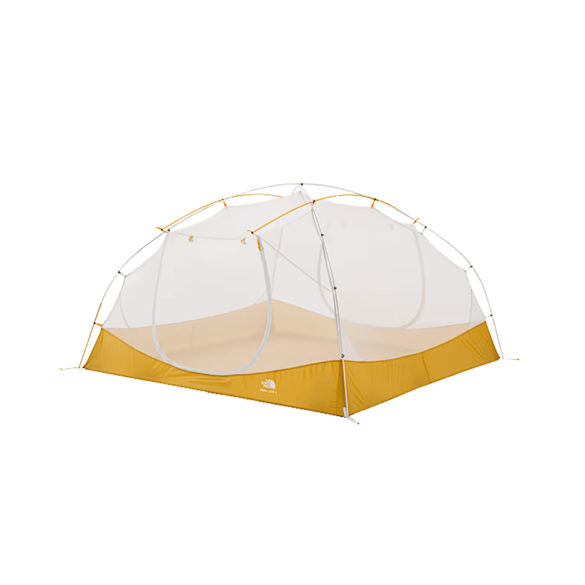 THE NORTH FACE TRAIL LITE 4 TENT - KHAKI STONE - SIDE ANGLED VIEW WITH MESH INNER BODY AND POLES ASSEMBLED