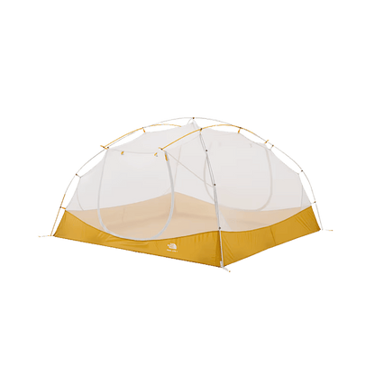 THE NORTH FACE TRAIL LITE 4 TENT - KHAKI STONE - SIDE ANGLED VIEW WITH MESH INNER BODY AND POLES ASSEMBLED