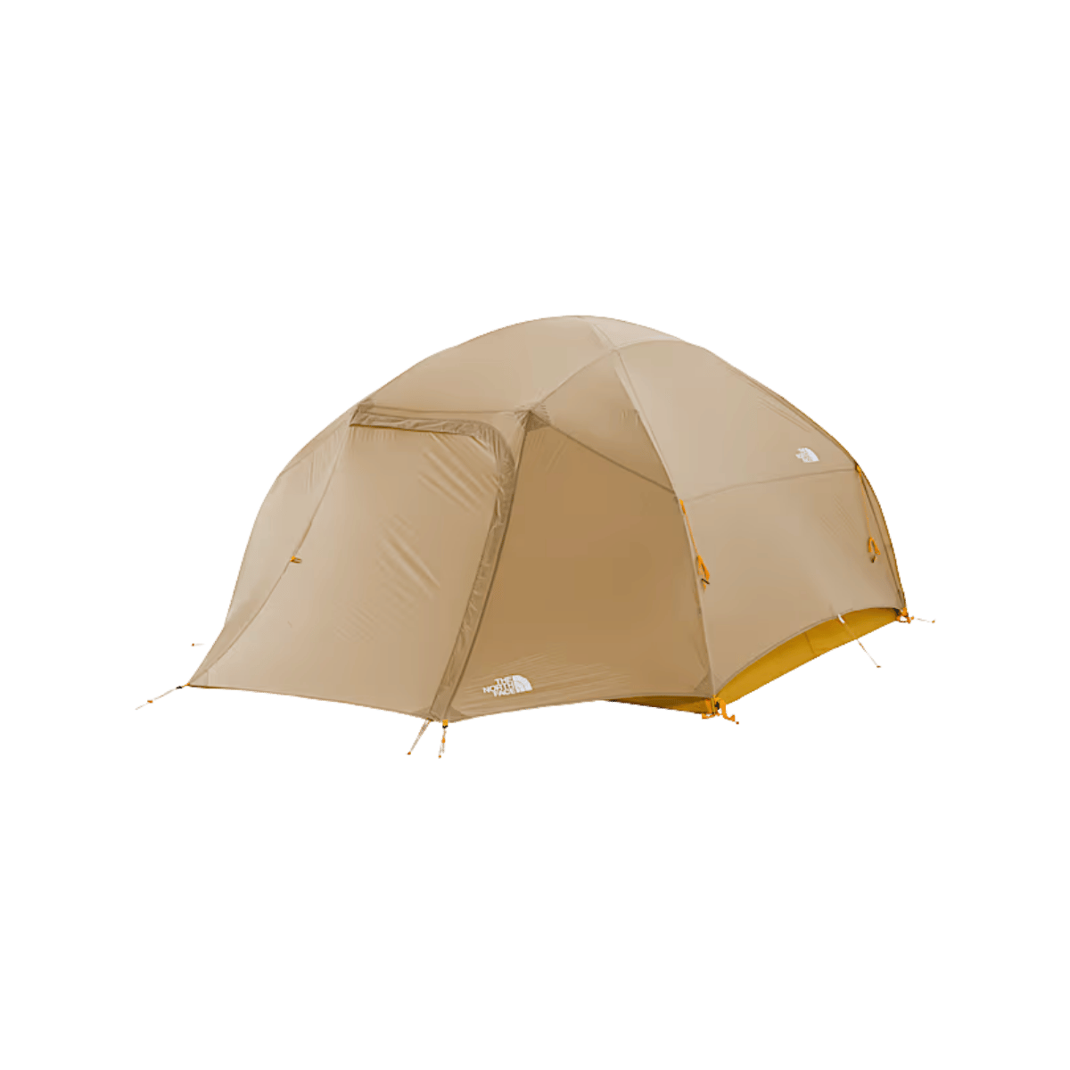 THE NORTH FACE TRAIL LITE 4 TENT - KHAKI STONE - FULLY ASSEMBLED WITH RAINFLY ON FRONT ANGLED VIEW