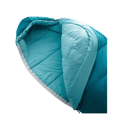 THE NORTH FACE TRAIL LITE DOWN 20°F SLEEPING BAG – LONG / RIGHT HAND - BLUE CORAL - OPEN VIEW SHOWING INTERIOR LINING