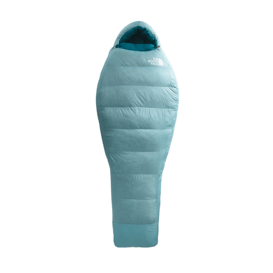 THE NORTH FACE WOMEN’S TRAIL LITE DOWN 20°F SLEEPING BAG – REGULAR / RIGHT HAND ZIP - REEF WATERS - FRONT VIEW FULL LENGTH