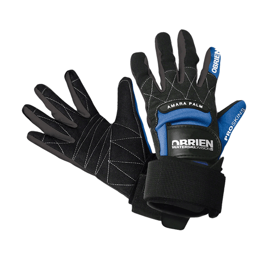 Pair of O'Brien Pro Skin Waterski Gloves in black and blue with reinforced Amara palm, adjustable wrist straps, and durable stitching for superior grip and comfort during watersports activities.