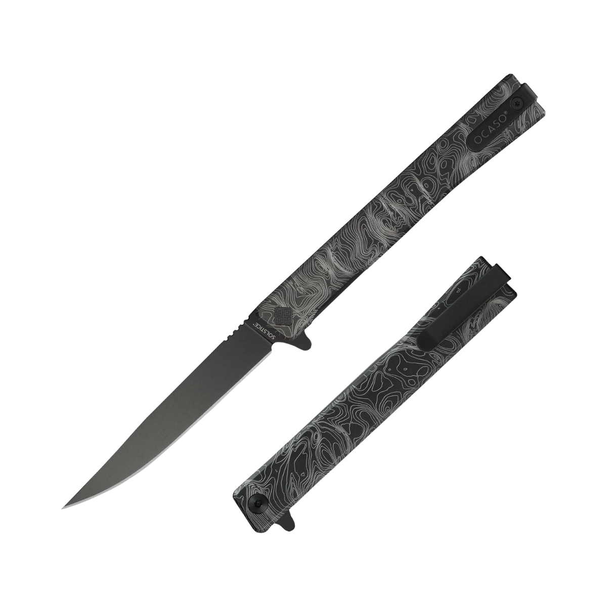 OCASO KNIVES SOLSTICE ENGRAVED TITANIUM/BLK 7.8IN