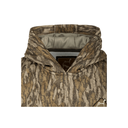 OL`TOM YOUTH CAMO PERFORMANCE HOODIE - BOTTOMLAND - CLOSE-UP VIEW