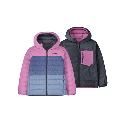 PATAGONIA KID'S REVERSIBLE DOWN SWEATER HOODY, SMOLDER BLUE, FRONT ANGLE