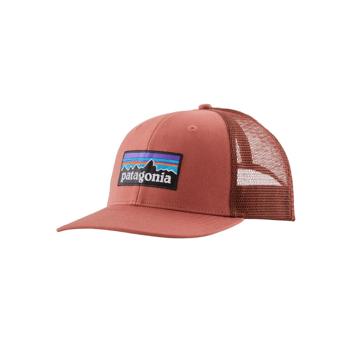 PATAGONIA P-6 LOGO TRUCKER HAT, POTTERS RED, FRONT ANGLE, LOGO, ONE SIZE