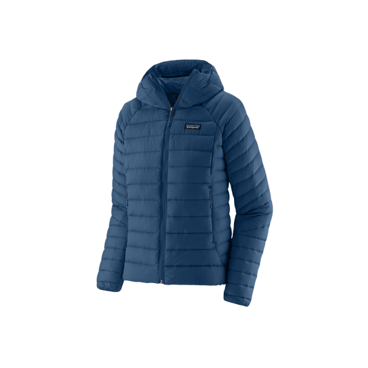 PATAGONIA WOMEN'S DOWN SWEATER HOODY, CLEMENT BLUE, FRONT ANGLE, SM, MD, LG, XL
