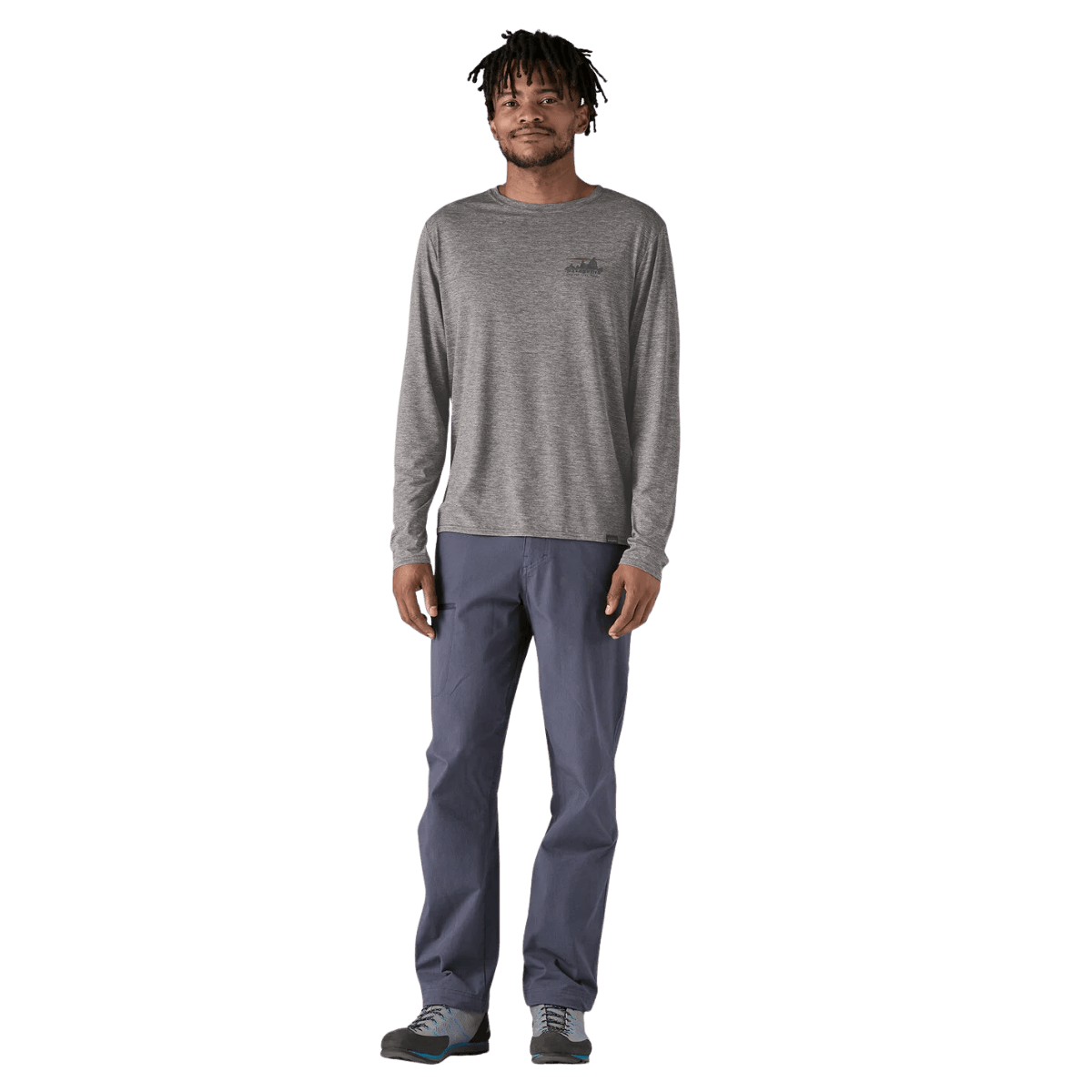 PATAGONIA MEN'S LONG-SLEEVED CAPILENE COOL DAILY GRAPHIC SHIRT - FEATHER GRAY - FRONT FULL VIEW WW