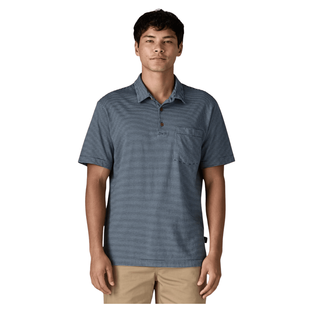 PATAGONIA MEN'S DAILY COTTON POLO SHIRT - FATHOM STRIPE / NEW NAVY - FRONT VIEW WW