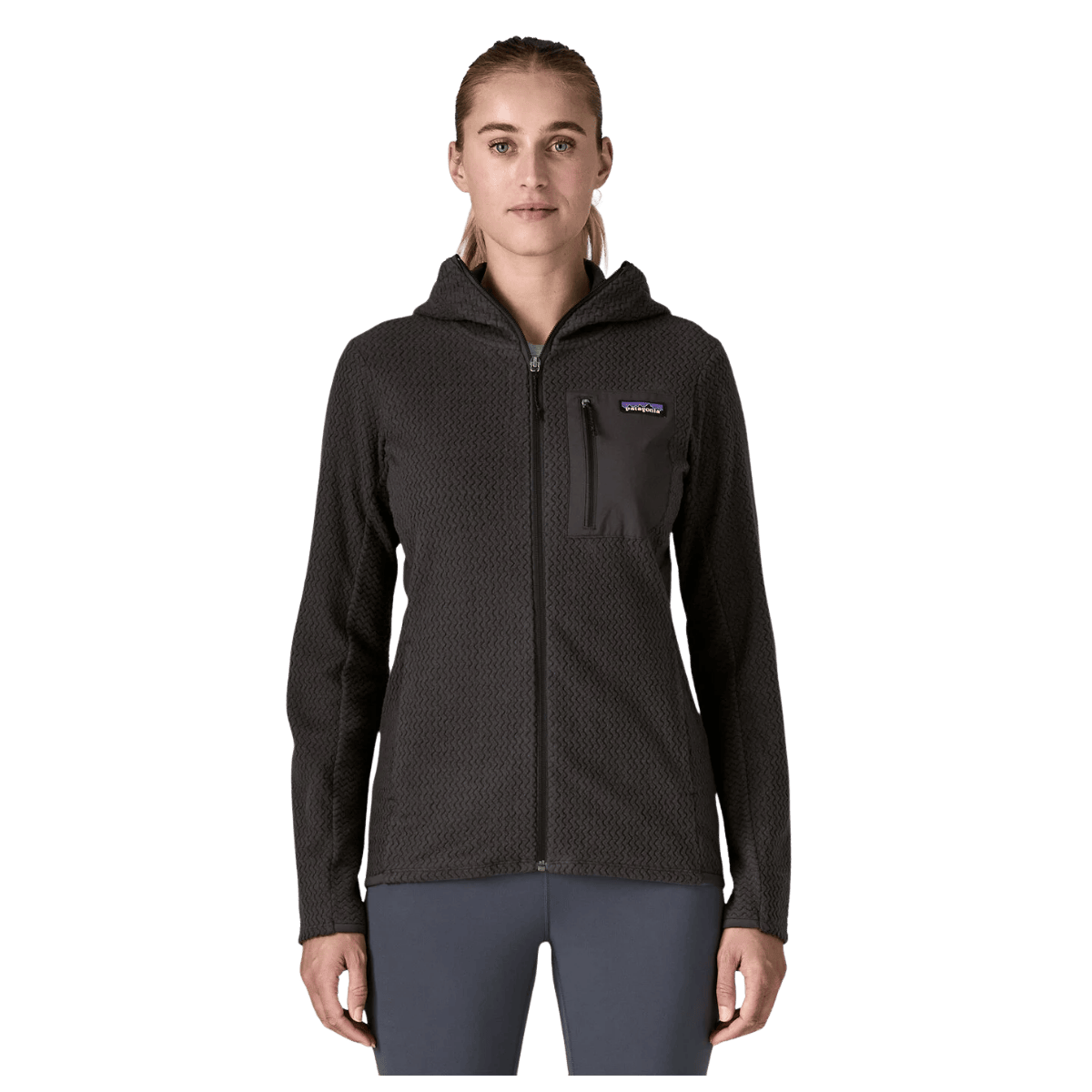 PATAGONIA WOMEN'S R1 AIR FULL ZIP HOODY - BLACK - FRONT VIEW WW