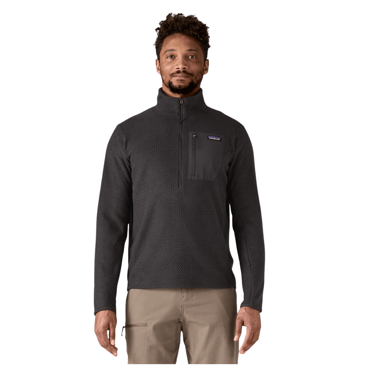 PATAGONIA MEN'S R1 AIR ZIP-NECK JACQUARD FLEECE PULLOVER - BLACK - FRONT VIEW WW