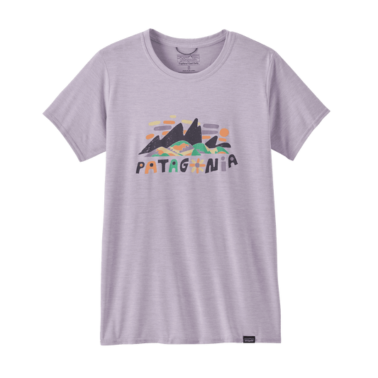 PATAGONIA WOMEN'S CAP COOL DAILY GRAPH SHIRT - FITZ ROY SUPERBLOOM: FOXGLOVE PURPLE FRONT