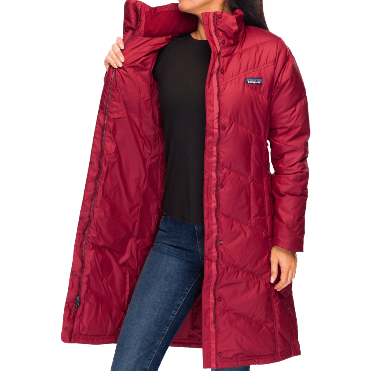 PATAGONIA WOMEN'S DOWN WITH IT PARKA - OXIDE RED WW FRONT OPEN ANGLE