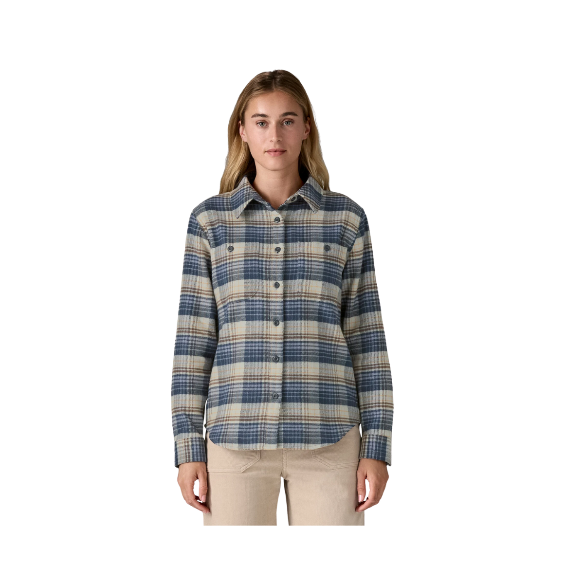 PATAGONIA WOMEN'S FJORD LONG SLEEVED FLANNEL SHIRT - BARNACLE BLUE front view