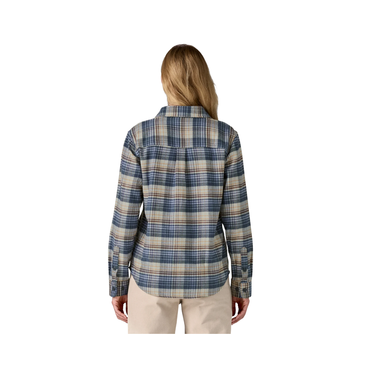 PATAGONIA WOMEN'S FJORD LONG SLEEVED FLANNEL SHIRT - BARNACLE BLUE back view