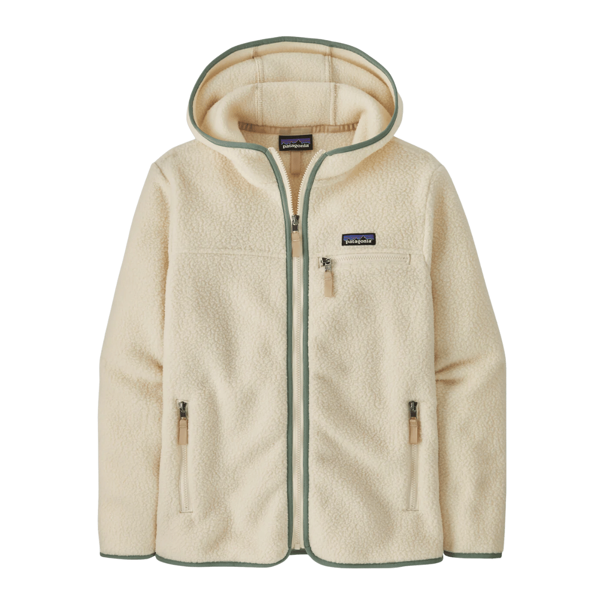 PATAGONIA WOMEN'S RETRO PILE HOODY - NATURAL W/ELLWOOD GREEN FRONT