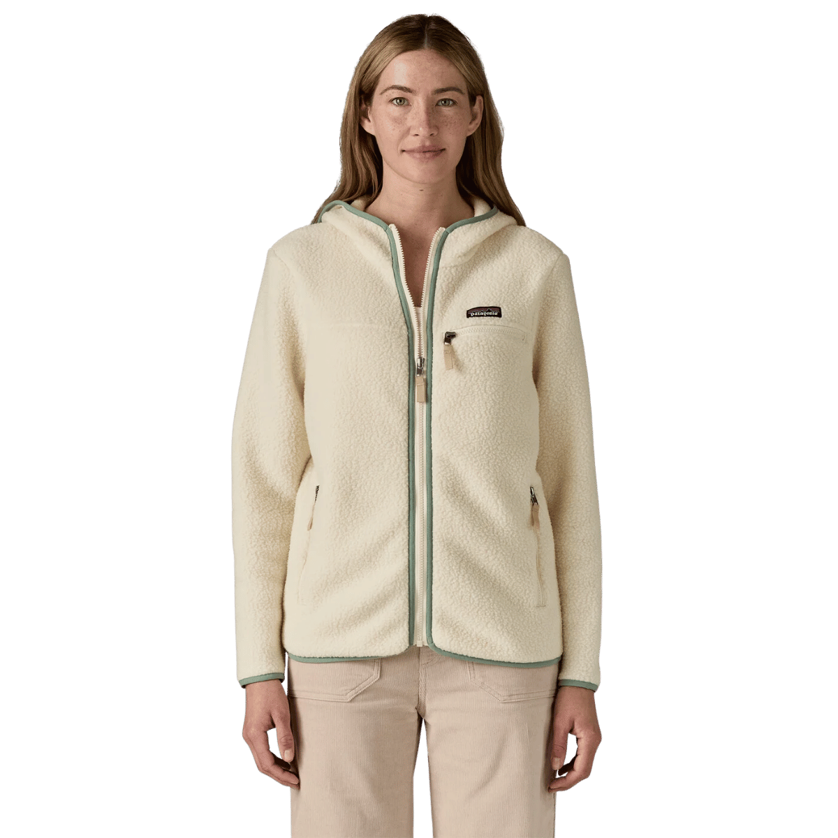 PATAGONIA WOMEN'S RETRO PILE HOODY - NATURAL W/ELLWOOD GREEN WW FRONT