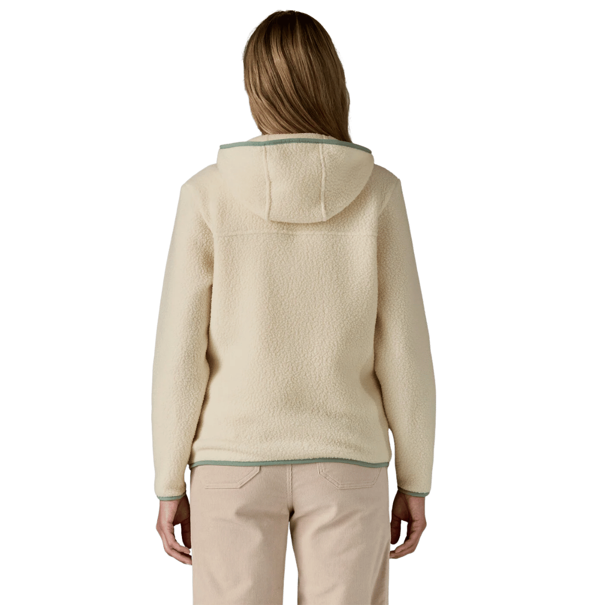 PATAGONIA WOMEN'S RETRO PILE HOODY - NATURAL W/ELLWOOD GREEN WW BACK