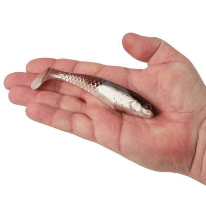 BERKLEY POWERBAIT CULLSHAD 6IN UNRIGGED SWIMBAIT - GREEN PUMPKIN PEARL WHITE ON HAND