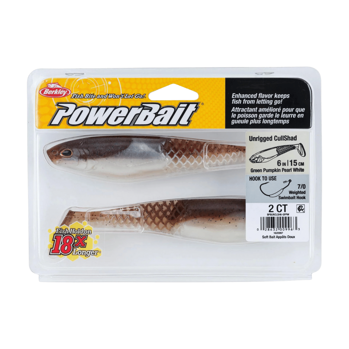 BERKLEY POWERBAIT CULLSHAD 6IN UNRIGGED SWIMBAIT - GREEN PUMPKIN PEARL WHITE IN HAND