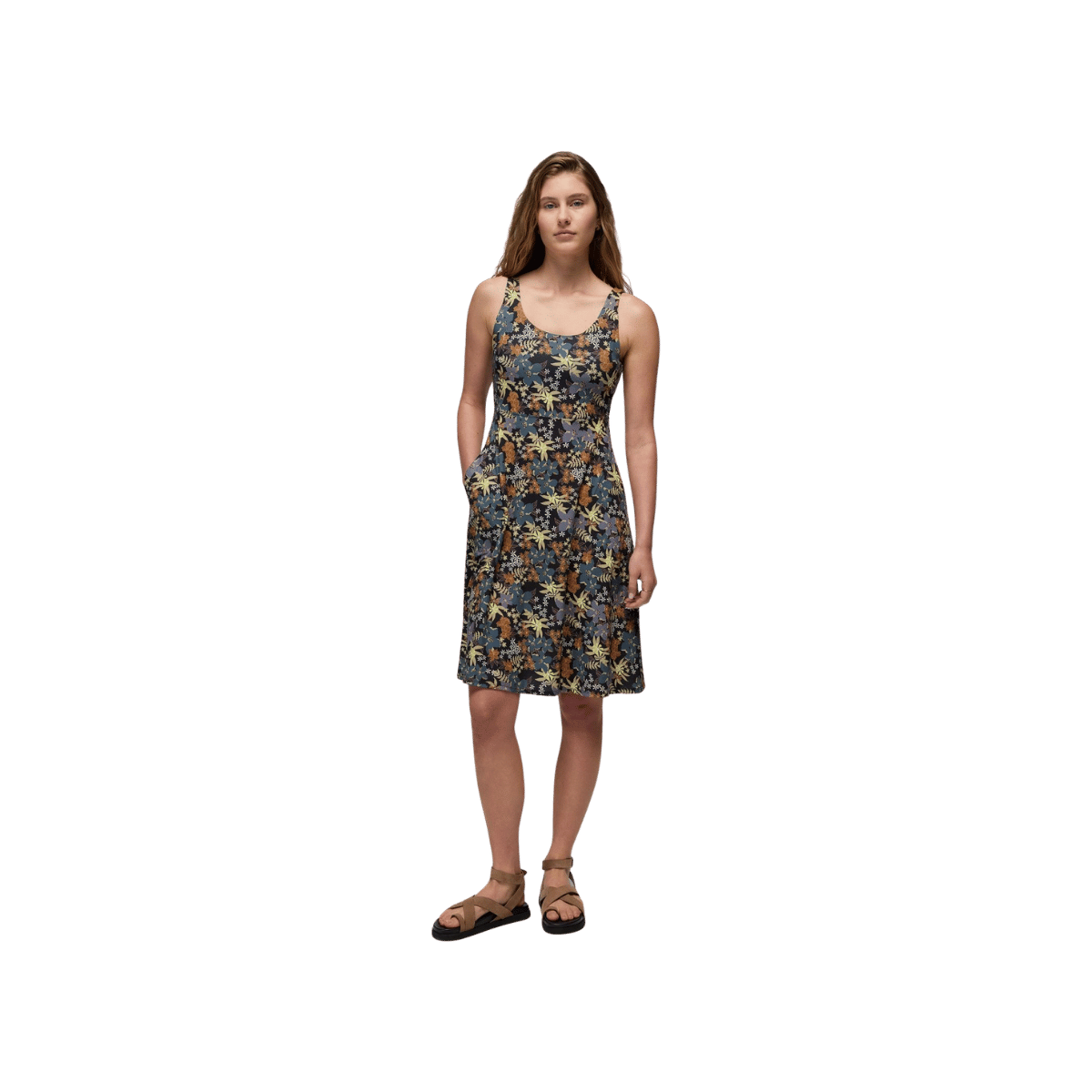 PRANA CORRINNE SHORT DRESS, BLACK SUMMER NIGHTS, FRONT ANGLE, SM, MD, LG, XL