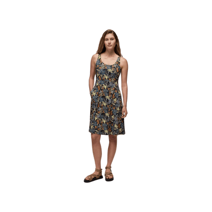 PRANA CORRINNE SHORT DRESS, BLACK SUMMER NIGHTS, FRONT ANGLE, SM, MD, LG, XL