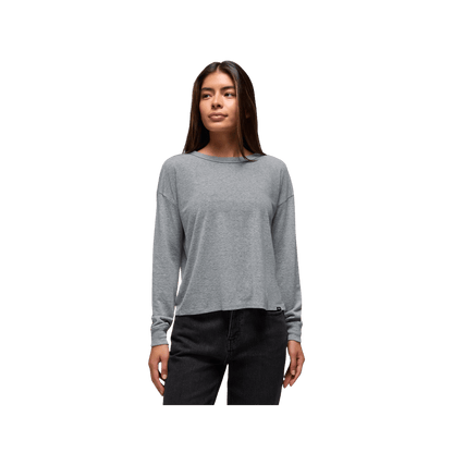 PRANA COZY UP LONG SLEEVE CREW, HEATHER GREY, FRONT ANGLE, SM, MD, LG, XL
