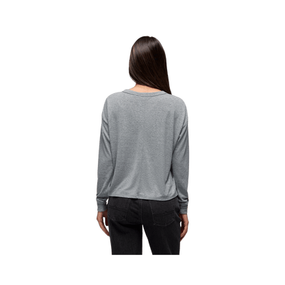 PRANA COZY UP LONG SLEEVE CREW, HEATHER GREY, BACK ANGLE, SM, MD, LG, XL
