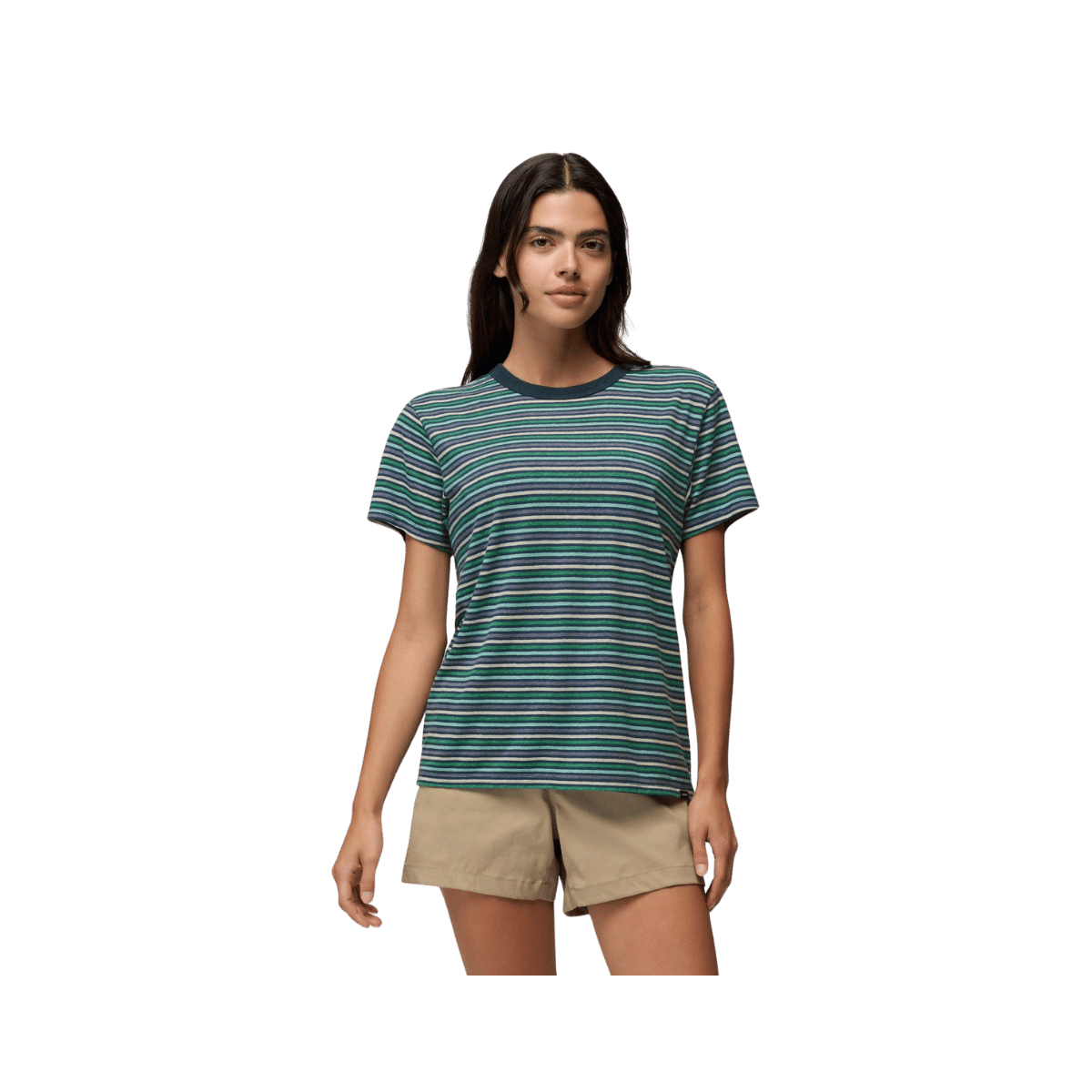 PRANA COZY UP SHORT SLEEVE CREW, BLUFF BLUE STRIPE, FRONT ANGLE, SM, MD, LG, XL