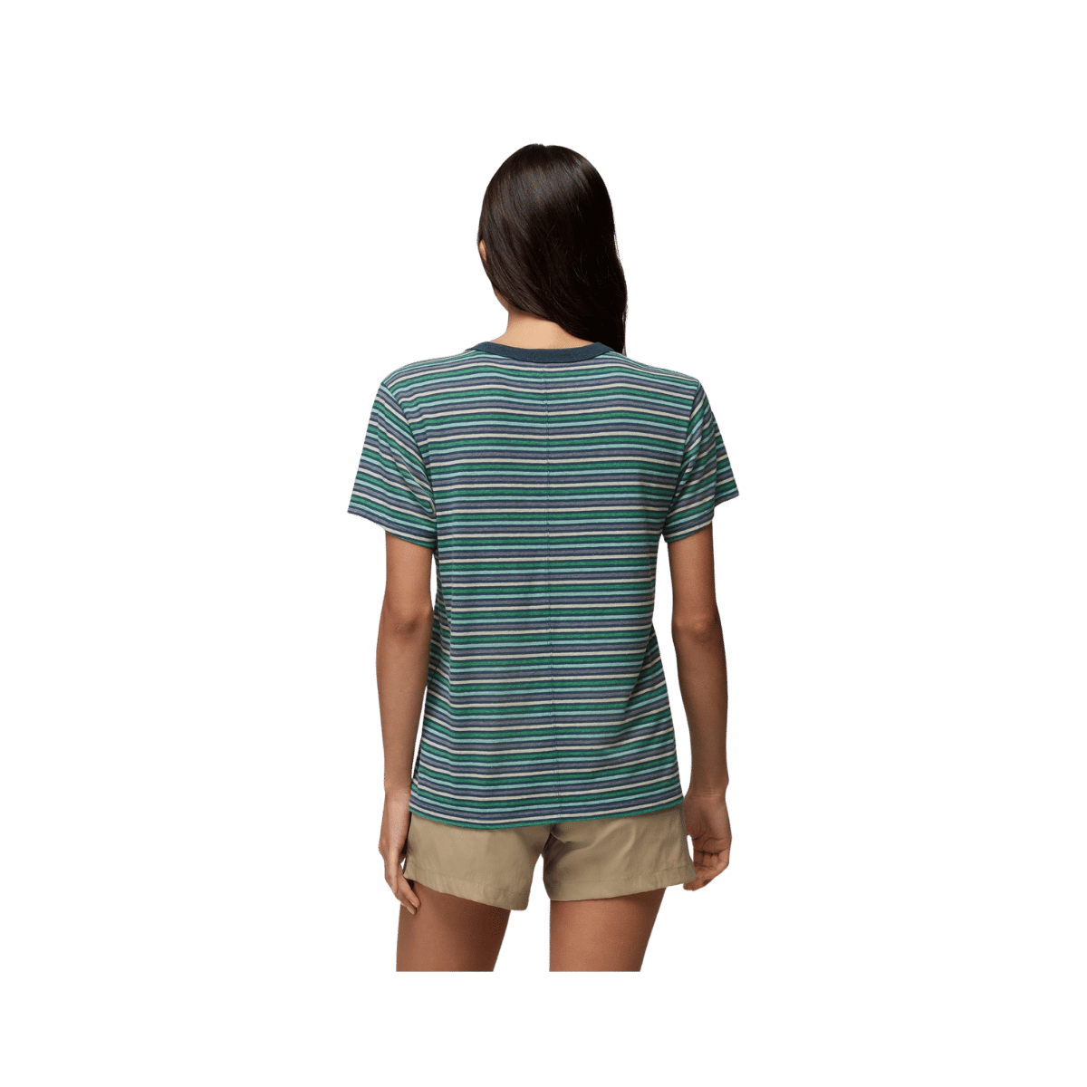 PRANA COZY UP SHORT SLEEVE CREW, BLUFF BLUE STRIPE, BACK ANGLE, SM, MD, LG, XL