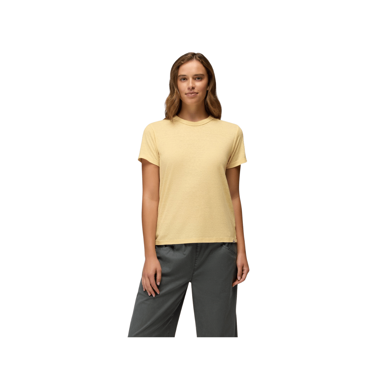 PRANA COZY UP SHORT SLEEVE CREW, VANILLA BEAN, FRONT ANGLE, SM, MD, LG, XL