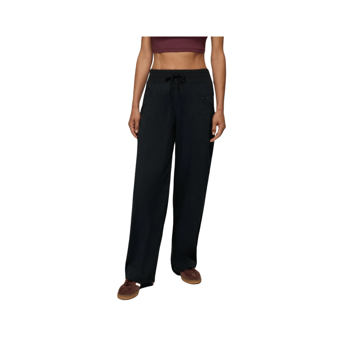 PRANA WOMEN'S KOEN MID RISE WIDE LEG PANT, BLACK, FRONT ANGLE, SM, MD, LG, XL