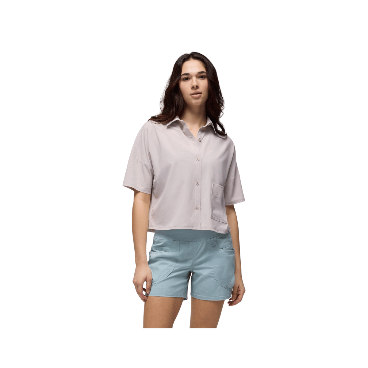 PRANA WOMEN'S RAILAY SHORT SLEEVE BUTTON DOWN, ALMOND, FRONT ANGLE, SM, MD, LG, XL
