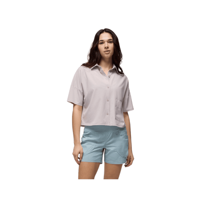PRANA WOMEN'S RAILAY SHORT SLEEVE BUTTON DOWN, ALMOND, FRONT ANGLE, SM, MD, LG, XL