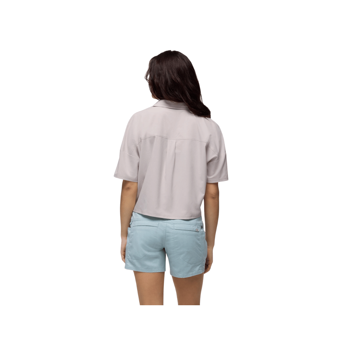 PRANA WOMEN'S RAILAY SHORT SLEEVE BUTTON DOWN, ALMOND, BACK ANGLE, SM, MD, LG, XL