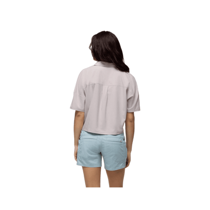 PRANA WOMEN'S RAILAY SHORT SLEEVE BUTTON DOWN, ALMOND, BACK ANGLE, SM, MD, LG, XL