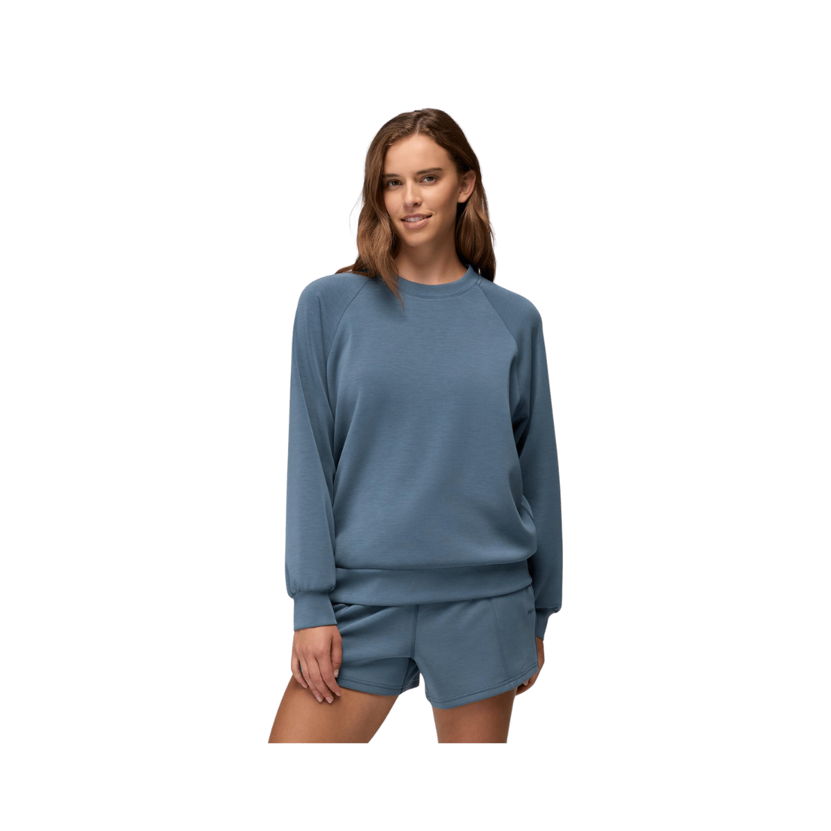 PRANA WOMEN'S SHEA SOFT CREWNECK, BLUFF BLUE, FRONT ANGLE, SM, MD, LG, XL