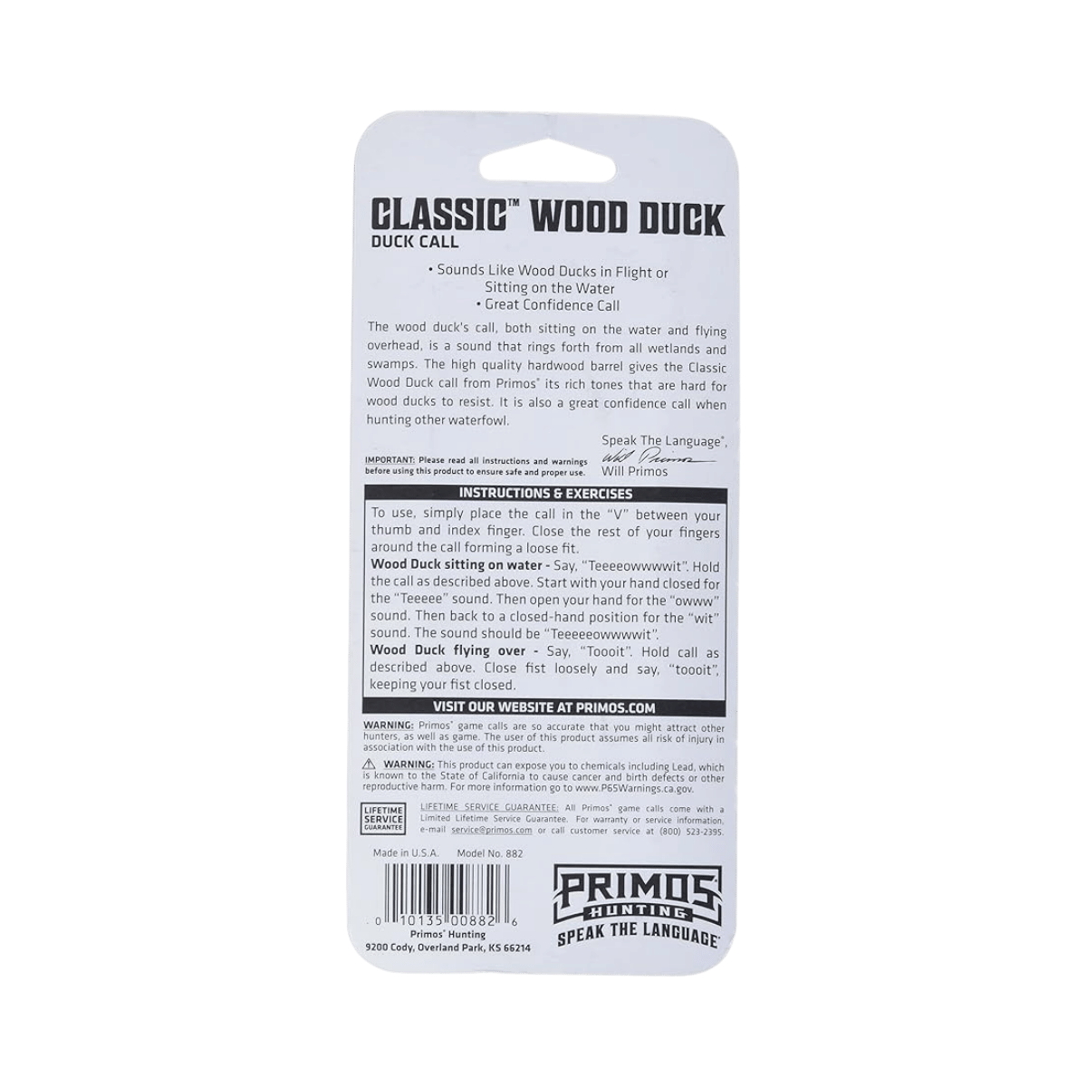 PRIMOS CLASSIC WOOD DUCK CALL - ONE SIZE - PACKAGING BACK DETAILS